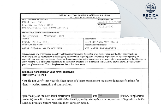FDA 483 - Triple Pulse, Inc. [Santa Monica / United States of America] - Download PDF - Redica Systems