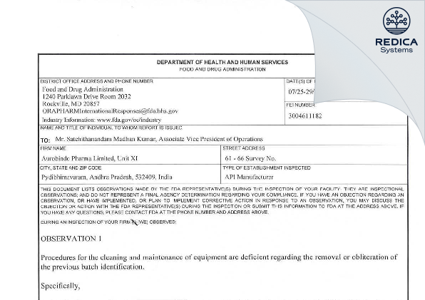 FDA 483 - Apitoria Pharma Private Limited [India / India] - Download PDF - Redica Systems