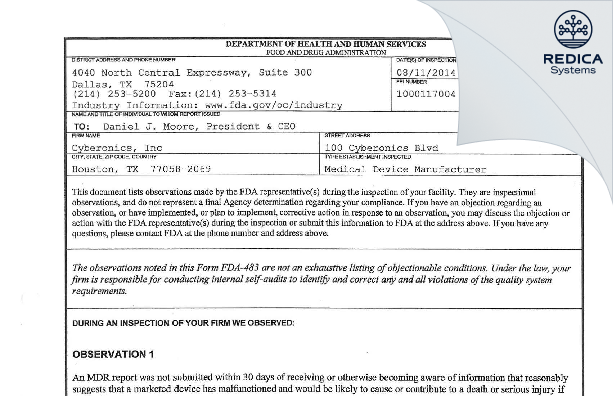FDA 483 - LivaNova USA, Inc. [Houston / United States of America] - Download PDF - Redica Systems