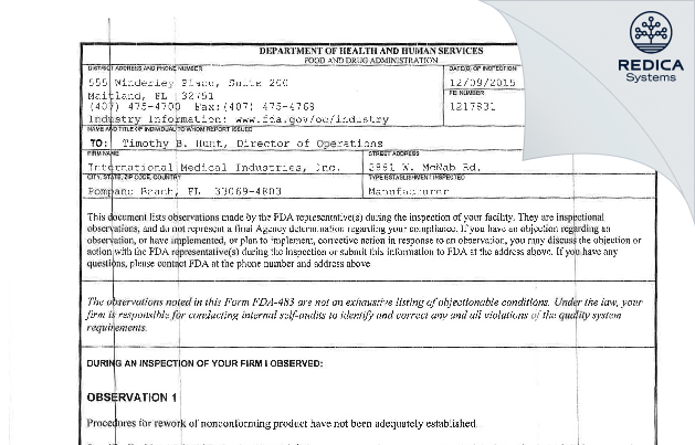 FDA 483 - International Medical Industries, Inc. [Pompano Beach / United States of America] - Download PDF - Redica Systems