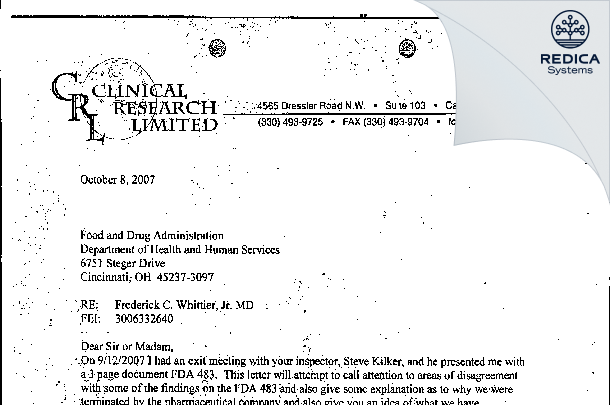 FDA 483 Response - Frederick C Whittier J MD [Canton / United States of America] - Download PDF - Redica Systems