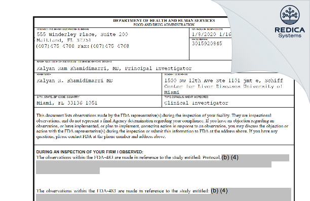 FDA 483 - Kalyan R. Bhamidimarri MD [Miami / United States of America] - Download PDF - Redica Systems
