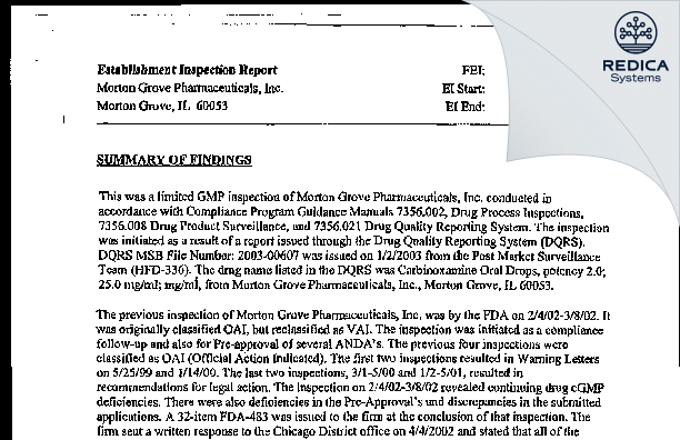 EIR - Morton Grove Pharmaceuticals, Inc. [Morton Grove / United States of America] - Download PDF - Redica Systems