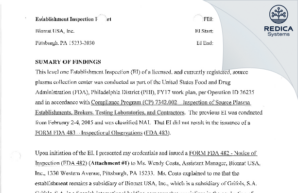 EIR - Biomat USA, Inc [Pittsburgh / United States of America] - Download PDF - Redica Systems