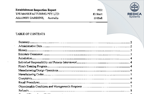 EIR - TFS MANUFACTURING PTY LTD [Gardens / Australia] - Download PDF - Redica Systems
