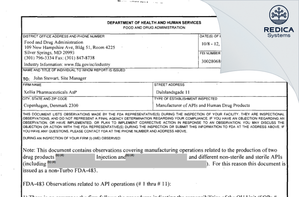 FDA 483 - Xellia Pharmaceuticals ApS [Copenhagen / Denmark] - Download PDF - Redica Systems