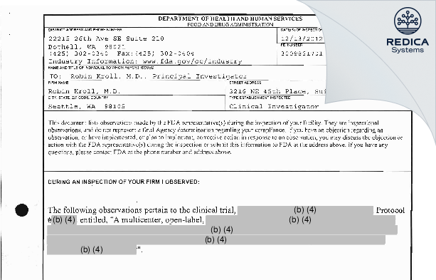 FDA 483 - Robin Kroll, M.D. [Seattle / United States of America] - Download PDF - Redica Systems