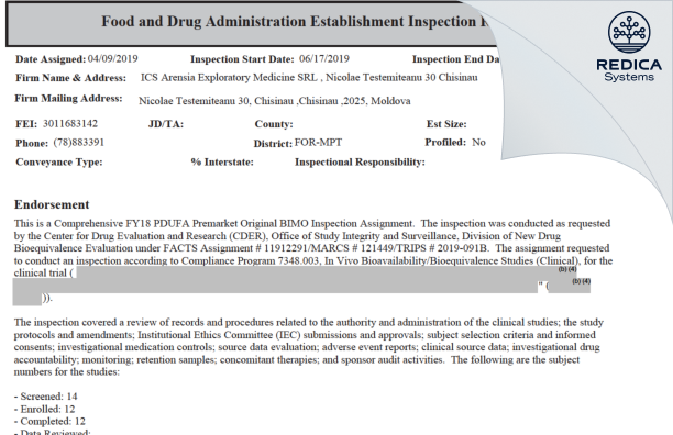EIR - ICS Arensia Exploratory Medicine SRL [Chisinau / Moldova (Republic of)] - Download PDF - Redica Systems