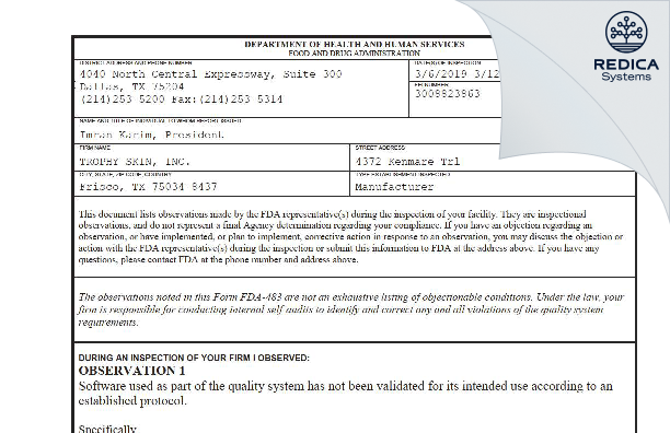 FDA 483 - TROPHY SKIN, INC. [Frisco / United States of America] - Download PDF - Redica Systems