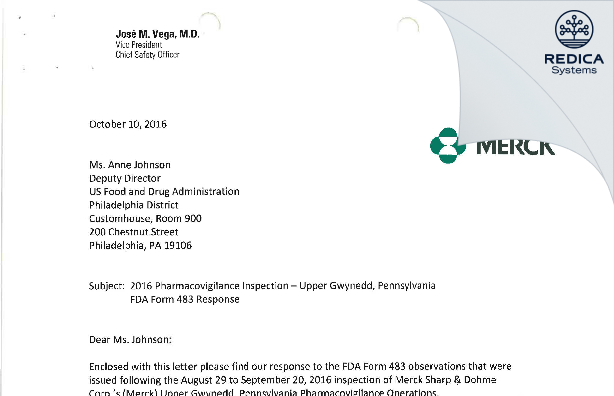 FDA 483 Response - Merck & Co Inc [North Wales / United States of America] - Download PDF - Redica Systems