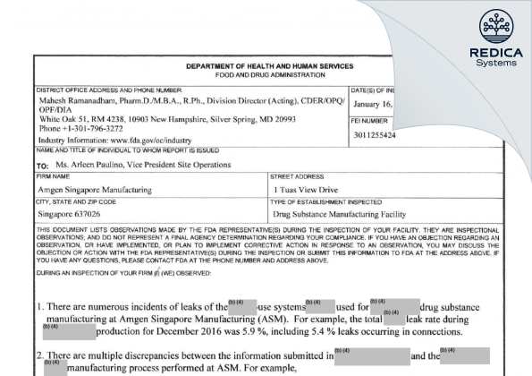 FDA 483 - Amgen Singapore Manufacturing Pte. Ltd. [Singapore / Singapore] - Download PDF - Redica Systems