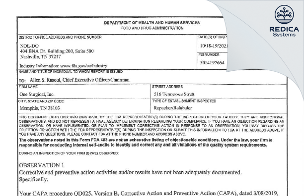 FDA 483 - One Surgical Inc. [Memphis / United States of America] - Download PDF - Redica Systems