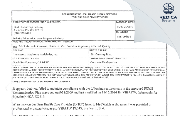 FDA 483 - Theravance Biopharma Antibiotics, Inc. [South San Francisco / United States of America] - Download PDF - Redica Systems