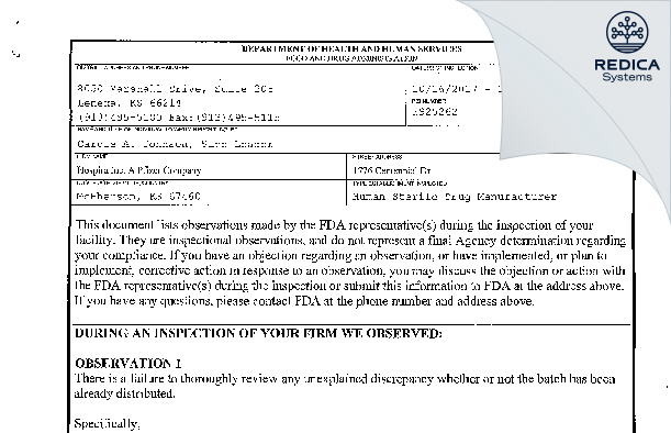 FDA 483 - Hospira, Inc. [Mcpherson / United States of America] - Download PDF - Redica Systems