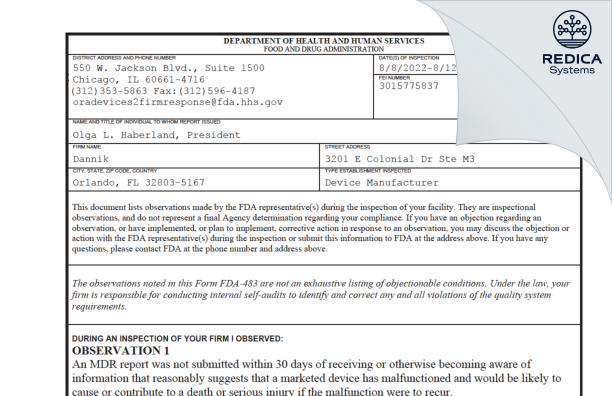 FDA 483 - Dannik [Orlando / United States of America] - Download PDF - Redica Systems