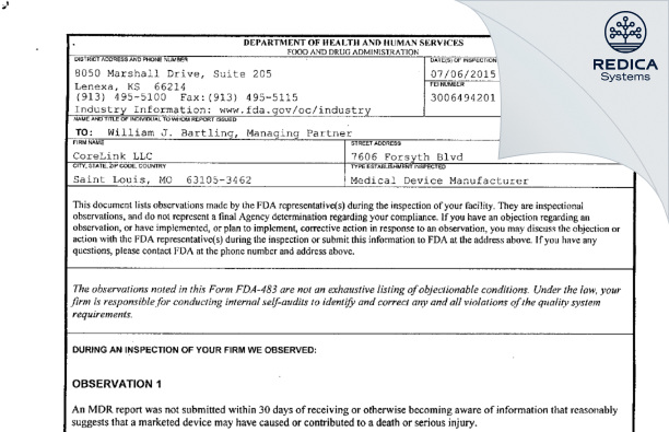 FDA 483 - CoreLink LLC [Fenton / United States of America] - Download PDF - Redica Systems