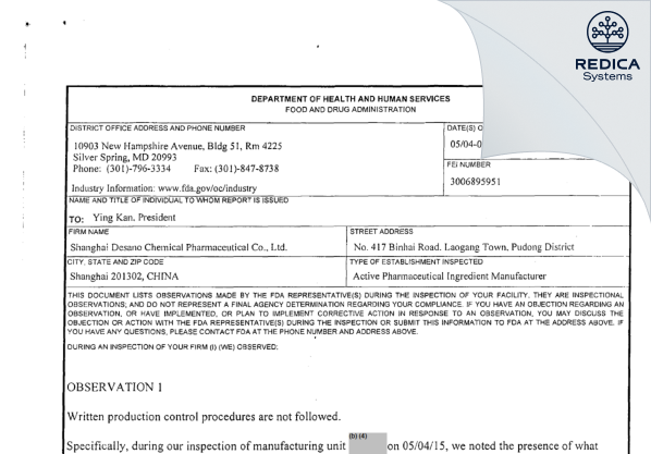 FDA 483 - Shanghai Desano Chemical Pharmaceutical Co., Ltd [China / China] - Download PDF - Redica Systems