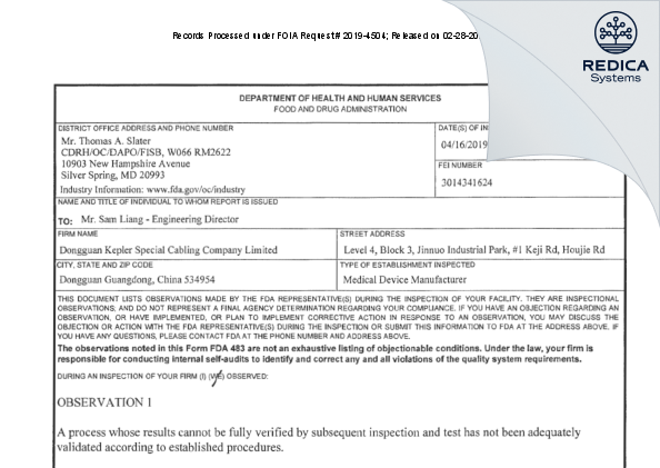 FDA 483 - Dongguan Kepler Special Cabling Company Limited [Dongguan / China] - Download PDF - Redica Systems