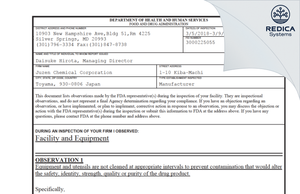 FDA 483 - Juzen Chemical Corporation [Toyama-City / Japan] - Download PDF - Redica Systems
