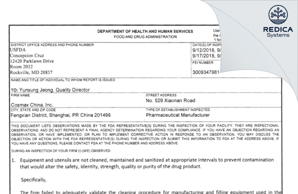 FDA 483 - Cosmax China, Inc. [China / China] - Download PDF - Redica Systems