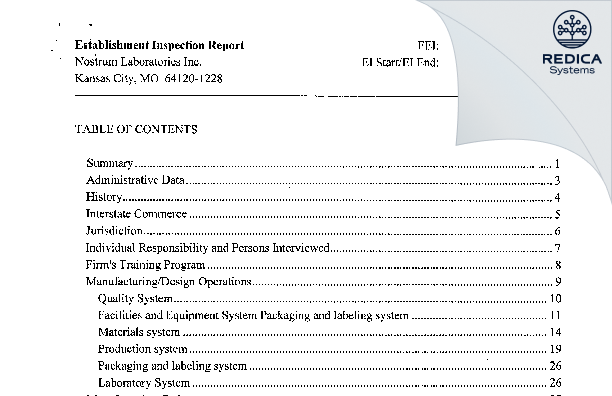 EIR - Nostrum Laboratories, Inc. [Kansas City / United States of America] - Download PDF - Redica Systems