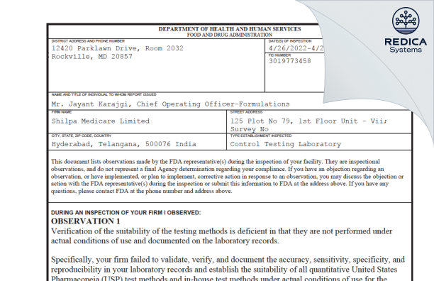 FDA 483 - SHILPA MEDICARE LIMITED [Hyderabad / India] - Download PDF - Redica Systems