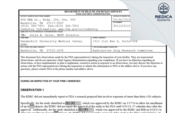 FDA 483 - Vanderbilt University Medical Center RDRC [Nashville / United States of America] - Download PDF - Redica Systems
