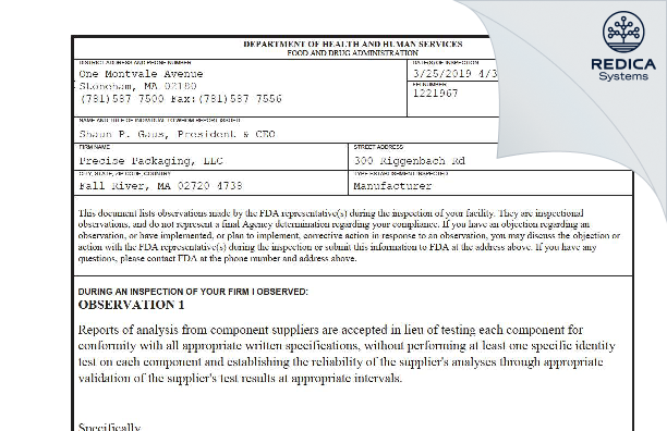 FDA 483 - PLZ Corp [Fall River / United States of America] - Download PDF - Redica Systems