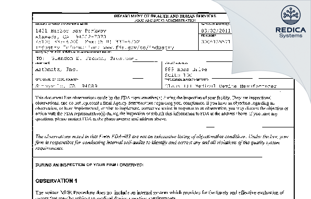FDA 483 - Asthmatx, Inc. [Sunnyvale / United States of America] - Download PDF - Redica Systems