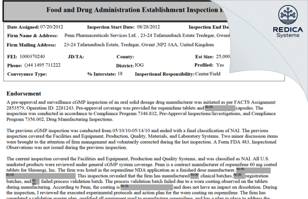 EIR - PENN PHARMACEUTICAL SERVICES LIMITED [Tredegar / United Kingdom of Great Britain and Northern Ireland] - Download PDF - Redica Systems