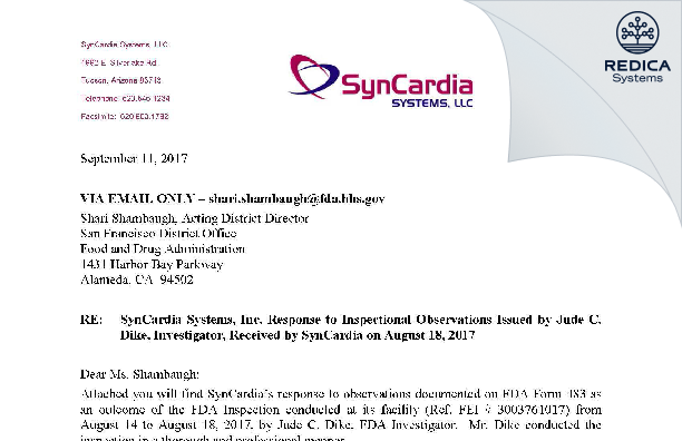 FDA 483 Response - SynCardia Systems LLC [Tucson / United States of America] - Download PDF - Redica Systems