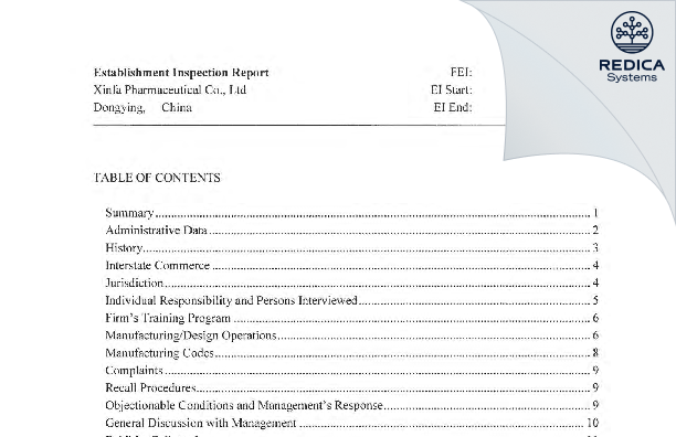 EIR - Xinfa Pharmaceutical Co., Ltd [Tongxingcun / China] - Download PDF - Redica Systems