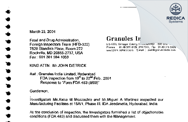 FDA 483 Response - Granules India Limited [Medchal / India] - Download PDF - Redica Systems