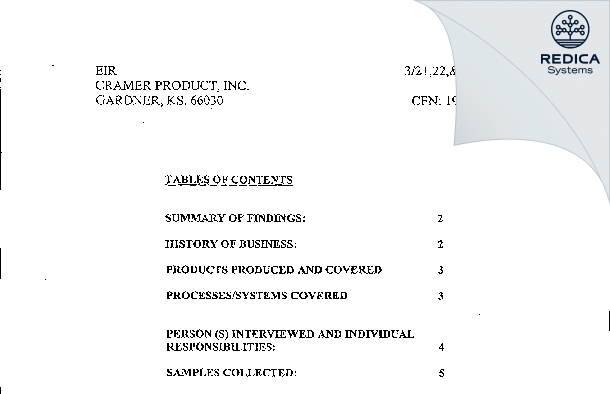 EIR - Cramer Products Inc [Gardner / United States of America] - Download PDF - Redica Systems