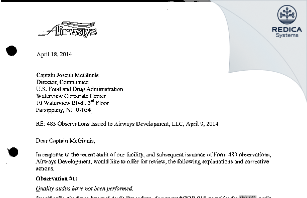 FDA 483 Response - Airways Development LLC [Kenilworth / United States of America] - Download PDF - Redica Systems