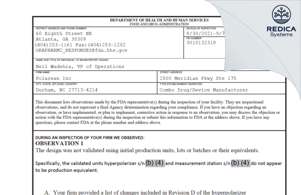 FDA 483 - Polarean, Inc. [Durham / United States of America] - Download PDF - Redica Systems