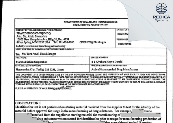 FDA 483 - Maruha Nichiro Corporation [Utsunomiya / Japan] - Download PDF - Redica Systems