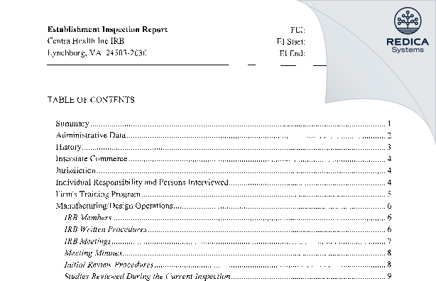 EIR - Centra Health Inc IRB [Lynchburg / United States of America] - Download PDF - Redica Systems