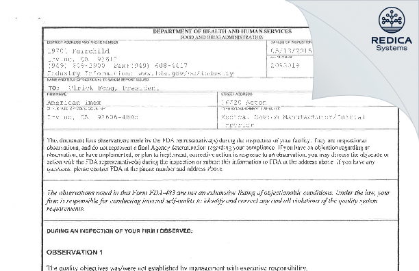 FDA 483 - American Imex [Irvine / United States of America] - Download PDF - Redica Systems