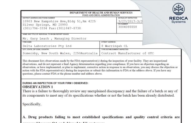 FDA 483 - Delta Laboratories Pty Ltd [Somersby / Australia] - Download PDF - Redica Systems