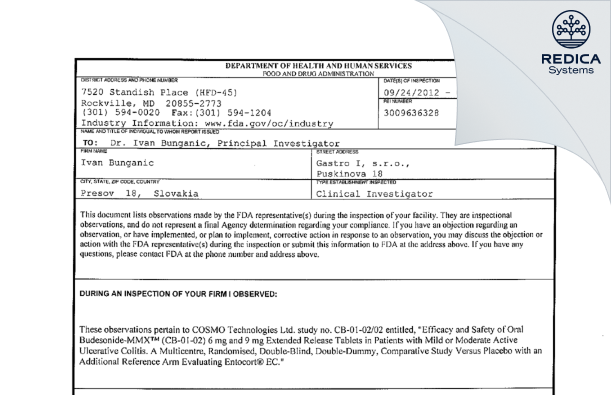 FDA 483 - Ivan Bunganic [Presov / Slovakia] - Download PDF - Redica Systems