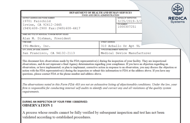 FDA 483 - ITG-Medev, Inc. [San Francisco / United States of America] - Download PDF - Redica Systems