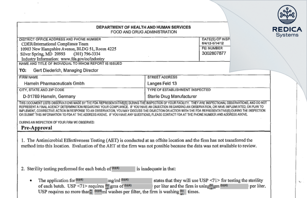 FDA 483 - Siegfried Hameln GmbH [Hameln / Germany] - Download PDF - Redica Systems