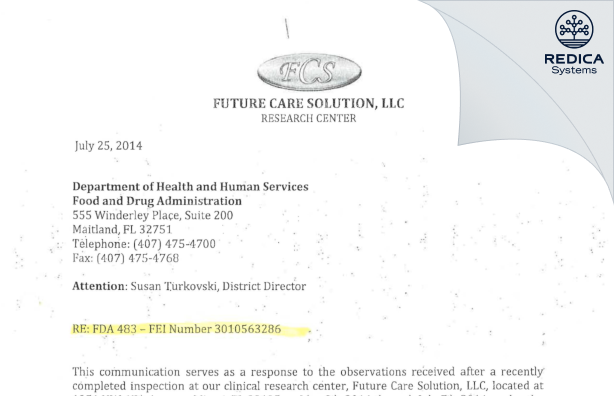 FDA 483 Response - Alvaro J. Ocampo [Miami / United States of America] - Download PDF - Redica Systems