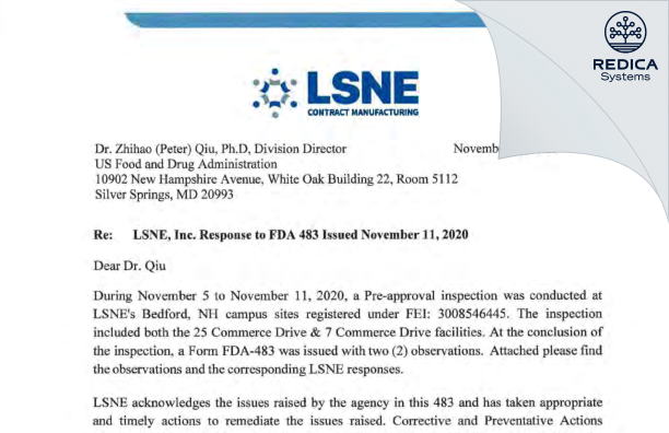 FDA 483 Response - Lyophilization Services Of New England, Inc. (LSNE) [Bedford / United States of America] - Download PDF - Redica Systems
