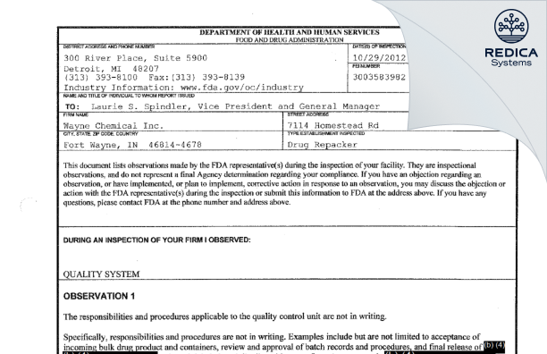 EIR - Wayne Chemical Inc. [Fort Wayne / United States of America] - Download PDF - Redica Systems