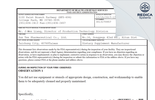 FDA 483 - Sun Ten Pharmaceutical Co., Ltd [New Taipei City / Taiwan] - Download PDF - Redica Systems