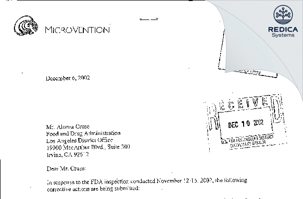 FDA 483 Response - Microvention, Inc. [Tustin / United States of America] - Download PDF - Redica Systems