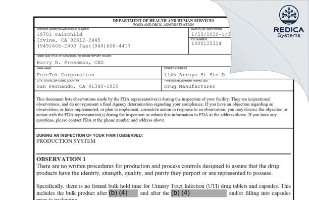 FDA 483 - PureTek Corporation [San Fernando / United States of America] - Download PDF - Redica Systems