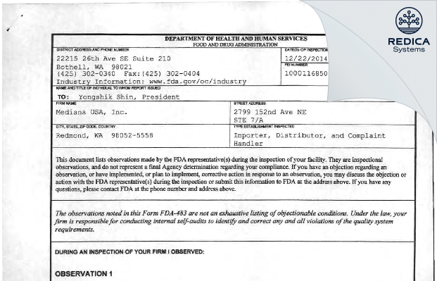 FDA 483 - Mediana USA, Inc. [Redmond / United States of America] - Download PDF - Redica Systems
